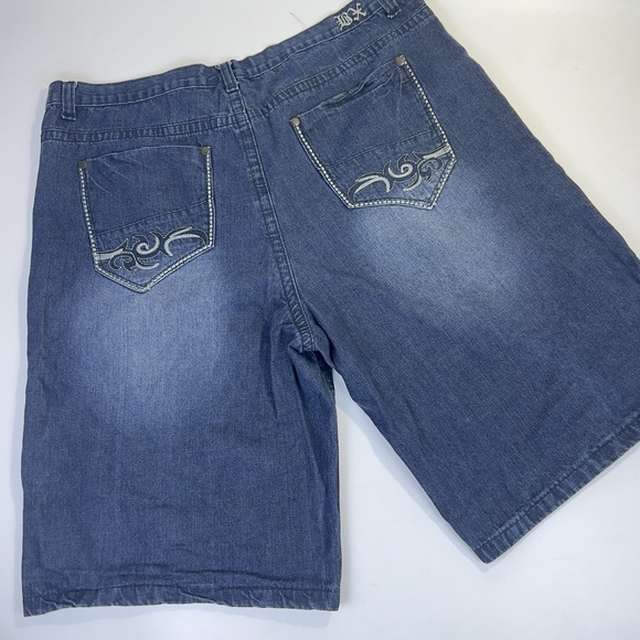 Vintage Brooklyn Express Shorts Mens 46 Blue Denim Y2k Loose Baggy Hip Hop Skate - Picture 1 of 13